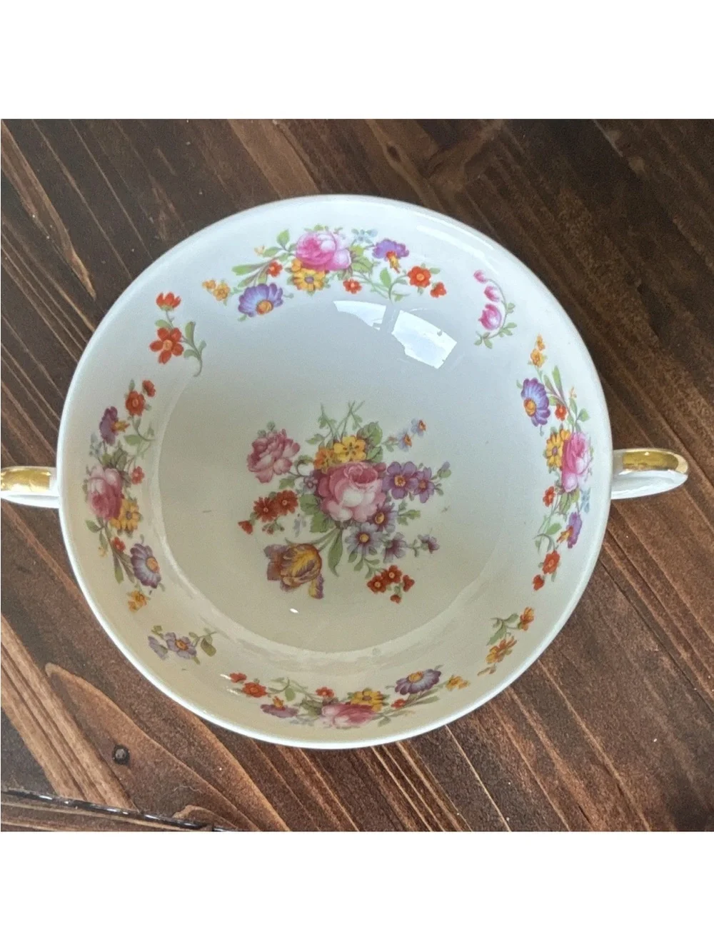 Floral Porcelain Tea Cup with Pink Rose and Multicolor Blooms